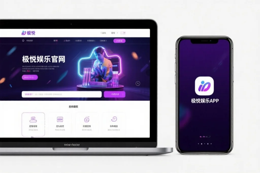 一台笔记本电脑屏幕上显示着门徒娱乐官网的界面，旁边是一部手机显示着门徒娱乐APP，两者并列对比